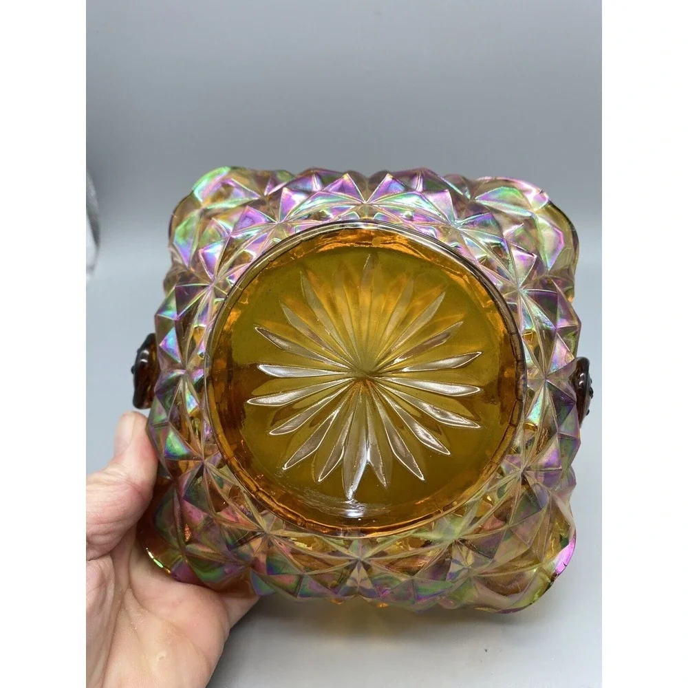 Vintage Indiana Glass Monticello Yellow Mist‎  Carnival Glass Basket With Handle